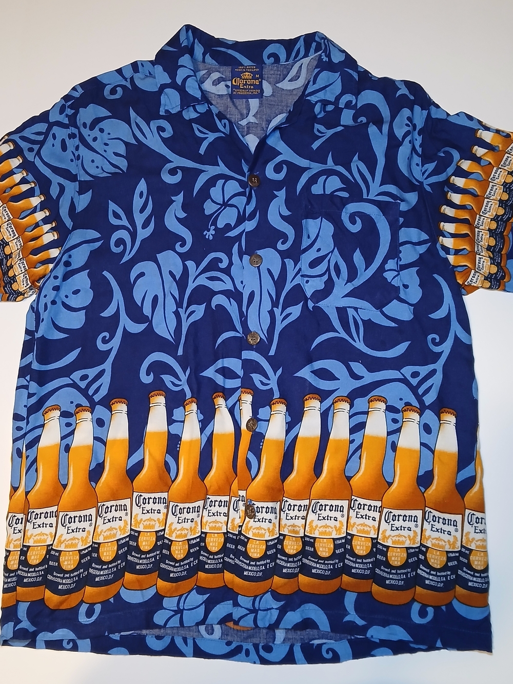 Corona Blue & Light Blue Hawaiian Button-Down Shirt with Bottle Print